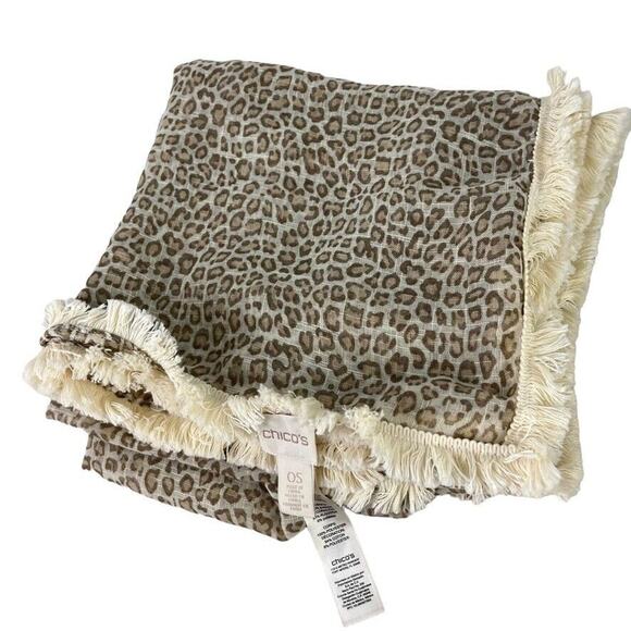 Chicos Womens Leopard Print Scarf Fringe Sheer Wrap 42x42 Square Beige Ivory - Picture 10 of 16